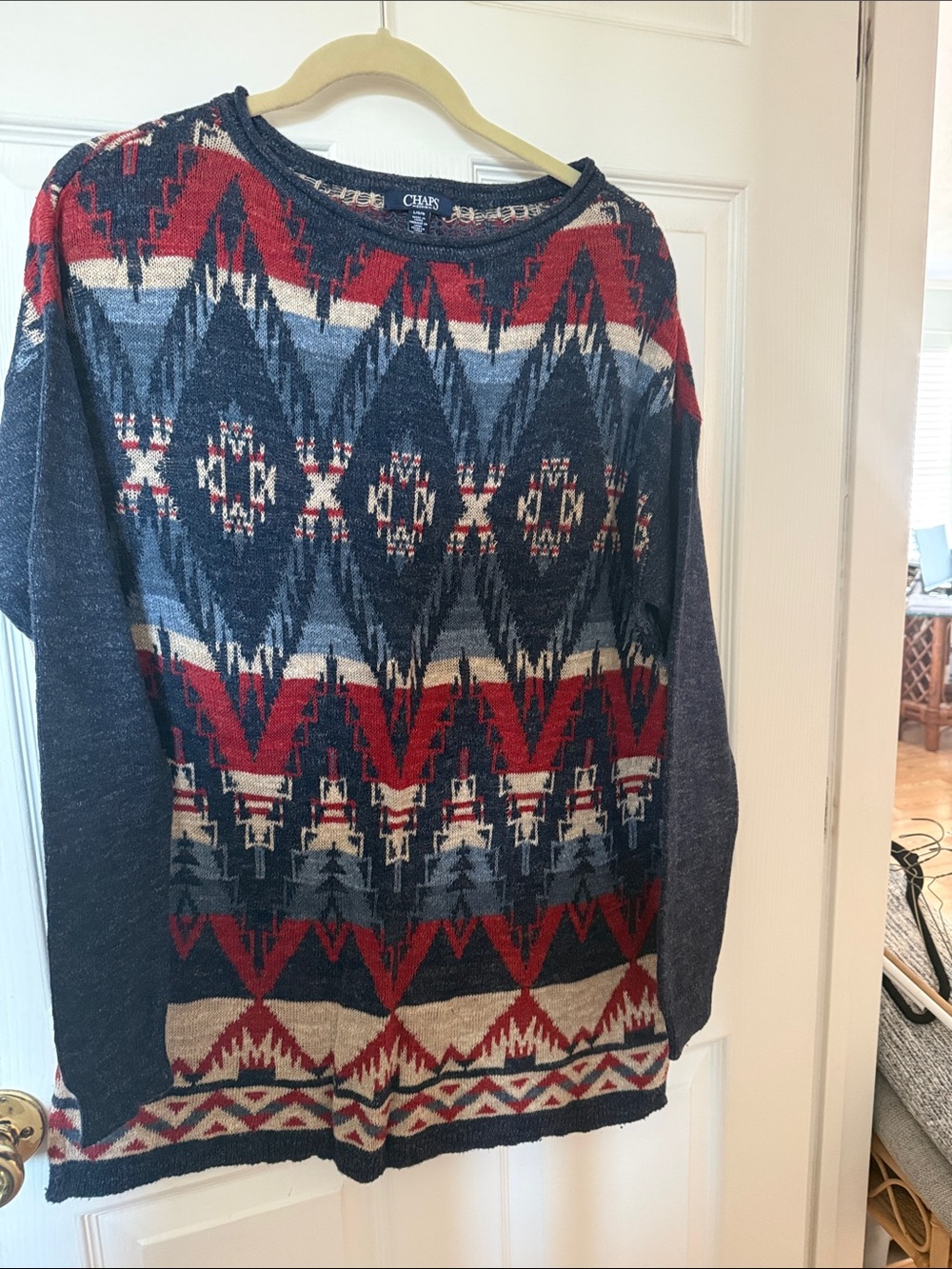 Chaps Navy Red Cream Aztec Knit Pullover